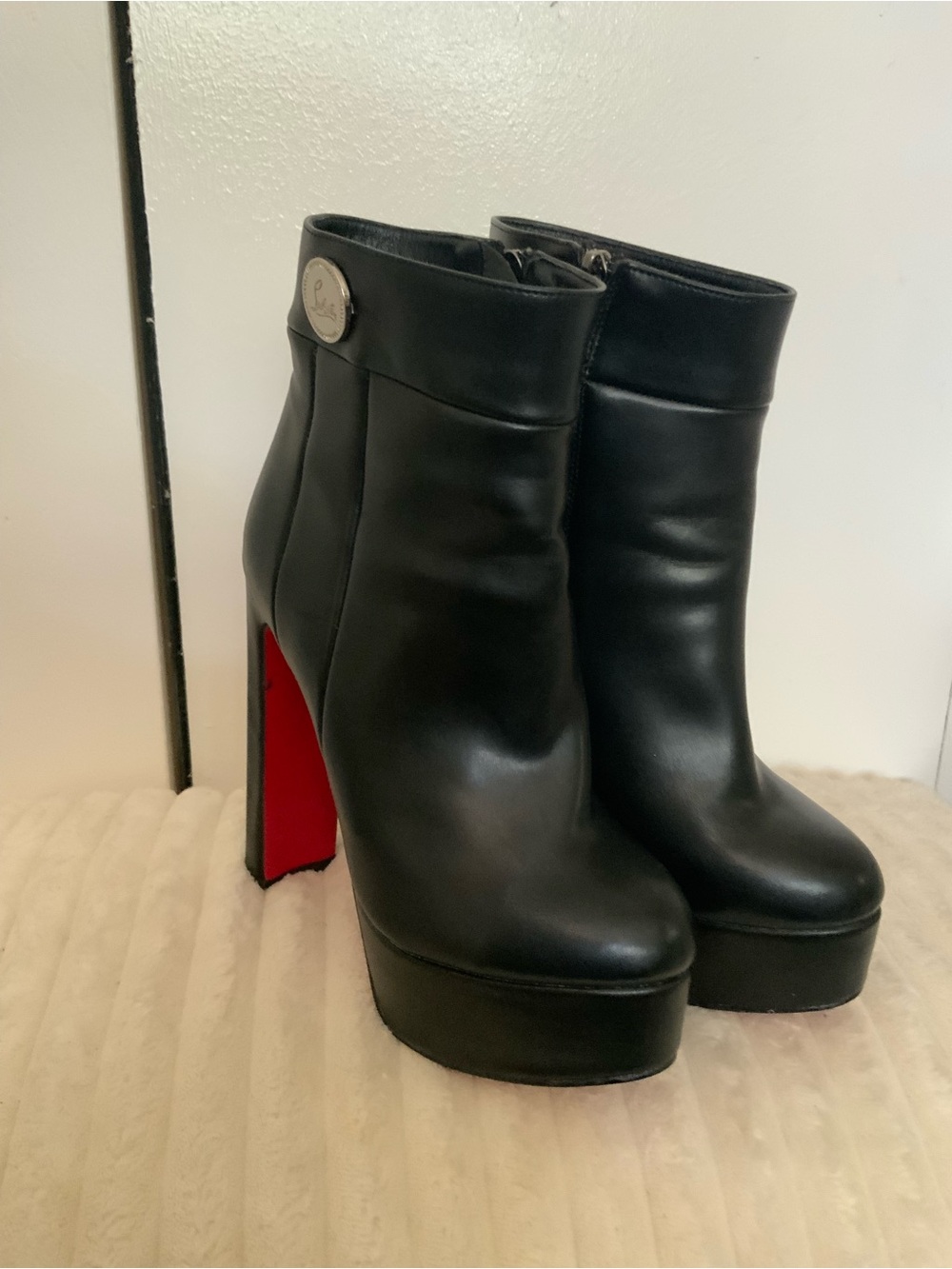 Christian Louboutin Black Leather Platform Ankle Boots with Red Heel
